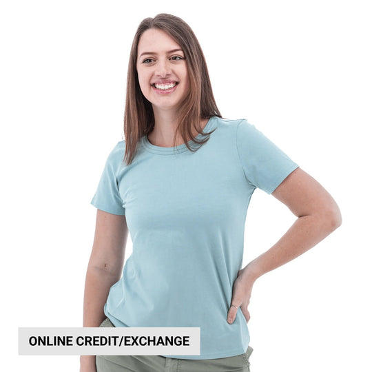 Light blue short-sleeve T-shirt on a smiling woman with a white background and an "ONLINE CREDIT/EXCHANGE" banner