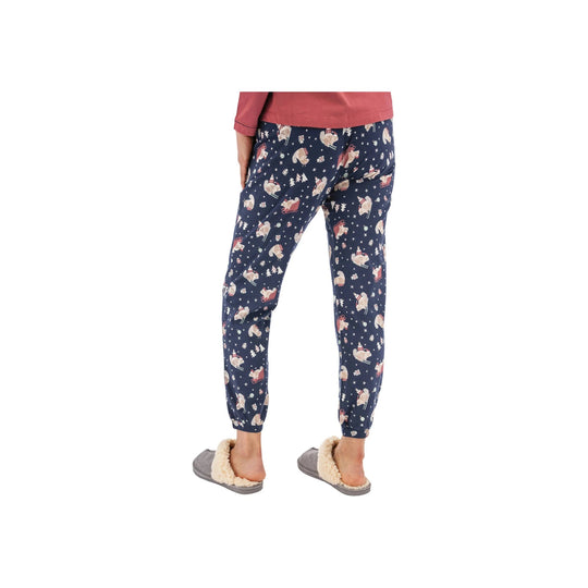 Navy pajama joggers with holiday Santa print, shown on a model with gray fleece slippers