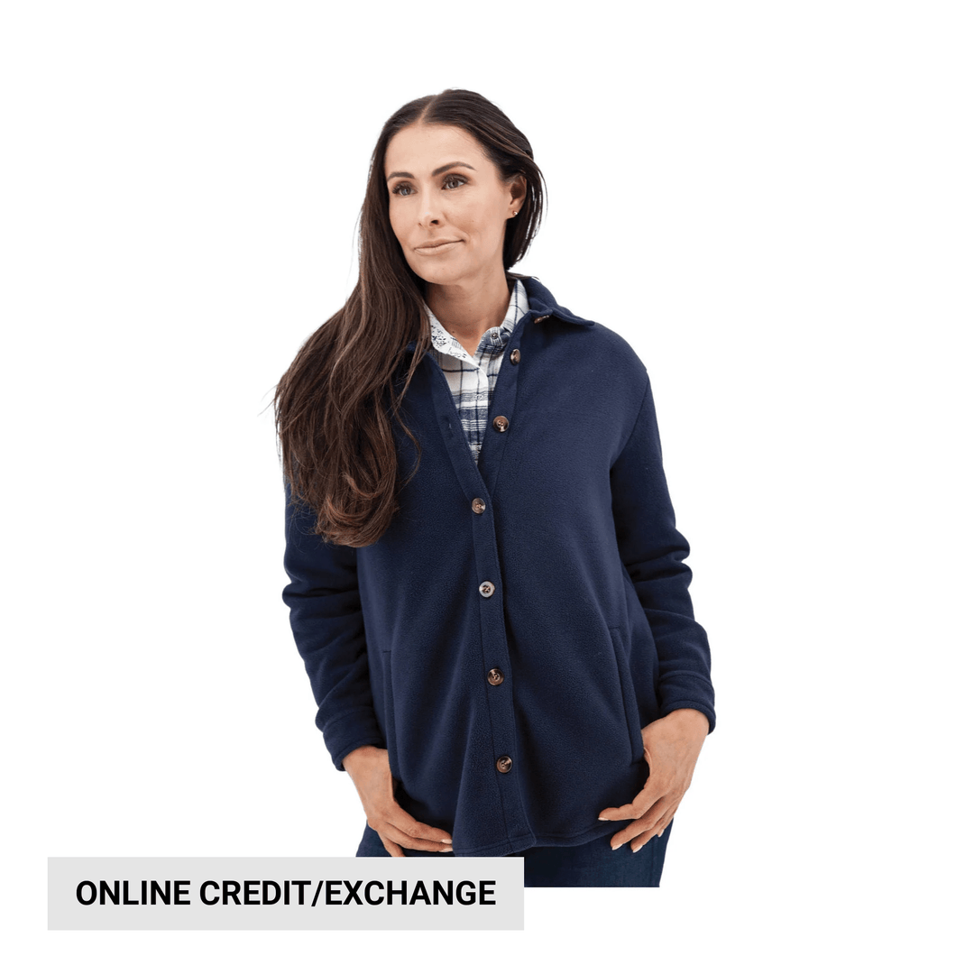 Navy fleece shirt jacket with button front over a plaid shirt