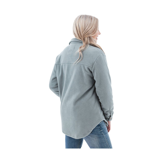 Light blue fleece shirt jacket shown from the back, with a curved hem and long sleeves