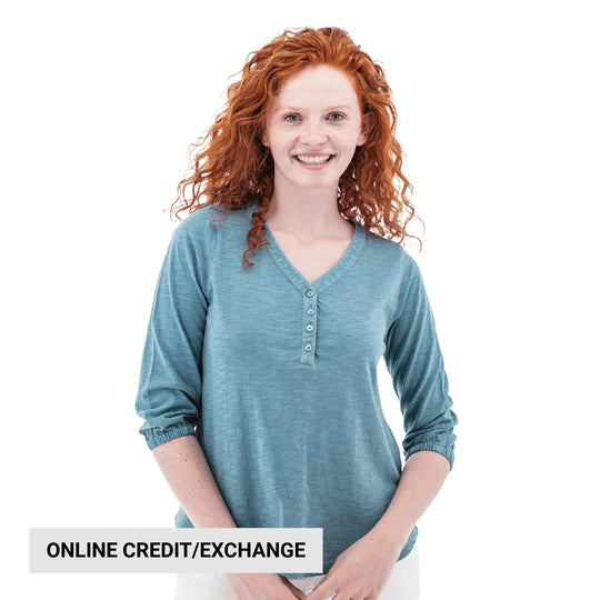 Blue long-sleeve V-neck henley shirt with three-button placket