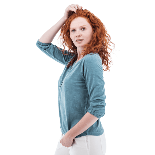 Ribbed blue long-sleeve V-neck henley top with 3/4 sleeves