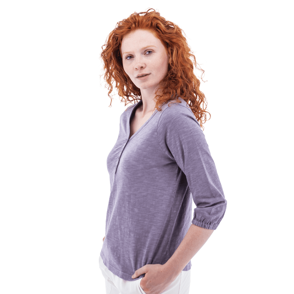 Old Ranch Women's Este Organic Cotton V Neck Henley Top - Purple Sage - Lenny's Shoe & Apparel