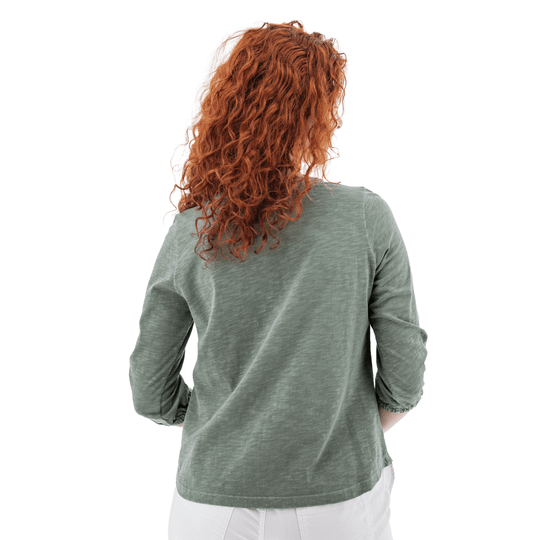 Olive green long-sleeve V-neck top shown from the back