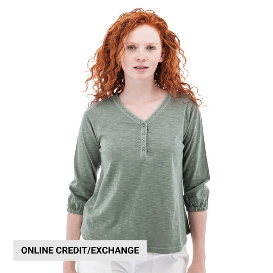 Olive green long-sleeve V-neck henley top with quarter-button placket and elastic cuffs