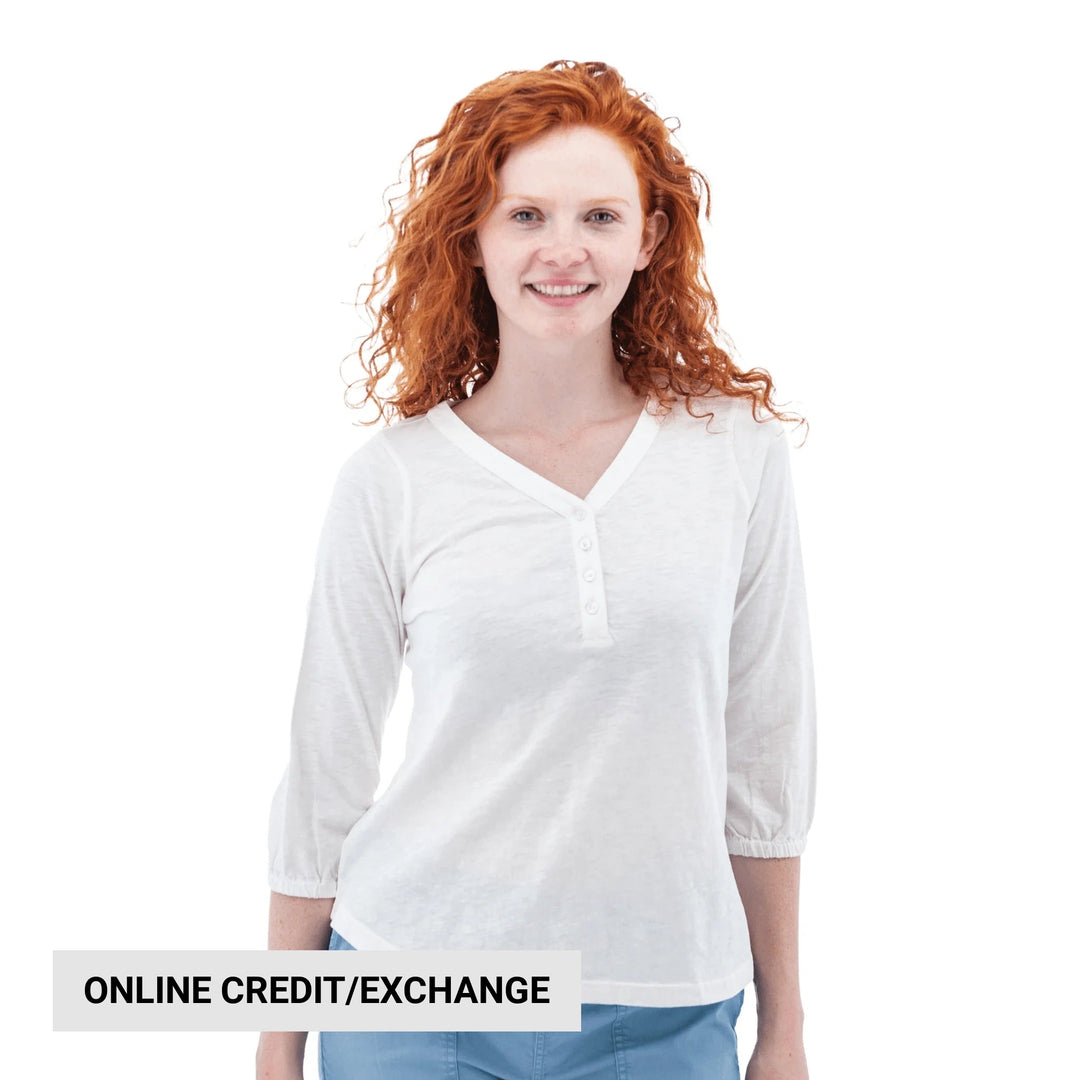 White long-sleeve V-neck henley top with button placket