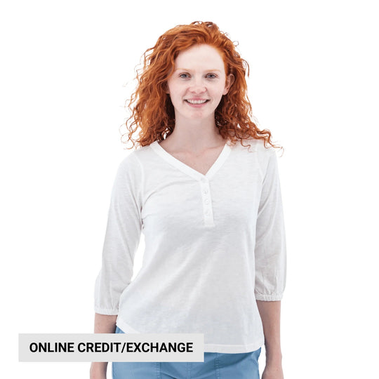White long-sleeve V-neck henley top with button placket