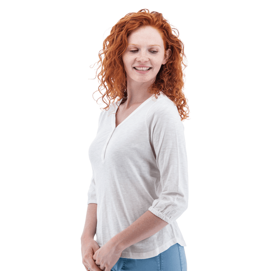 White V-neck henley top with three-quarter sleeves and gathered cuffs
