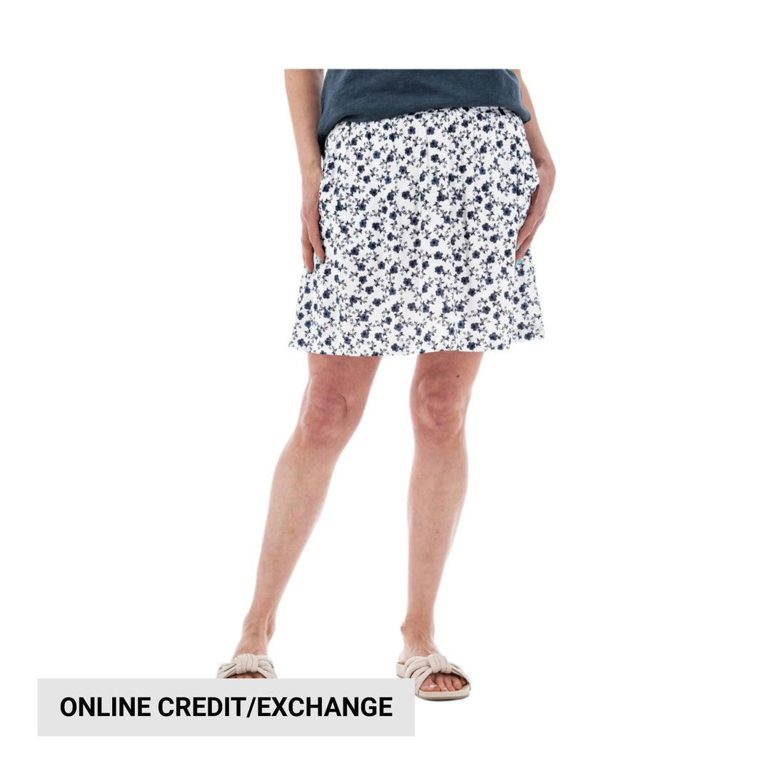 White floral pull-on skirt on a model