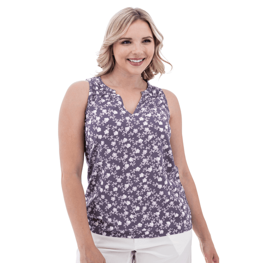 Sleeveless floral tank top with a split neckline, shown on a model