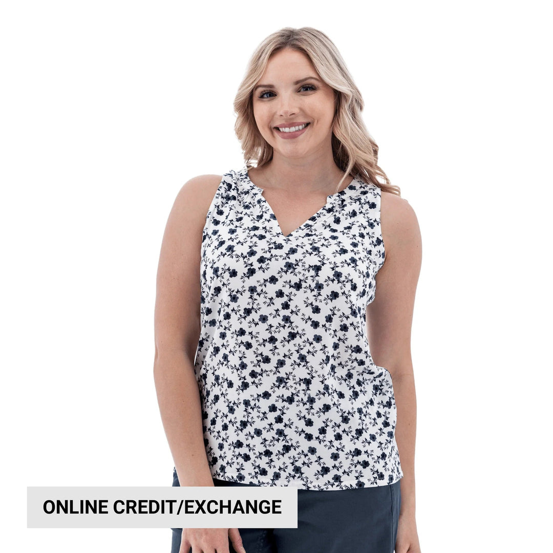 Sleeveless floral tank top with a notch neckline, shown on a model