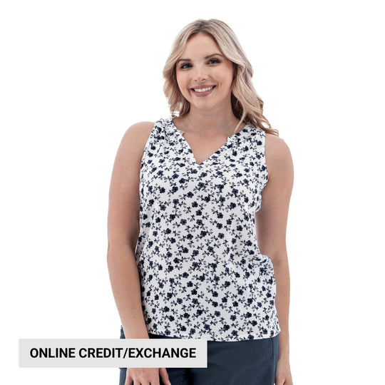 Sleeveless floral tank top with a notch neckline, shown on a model