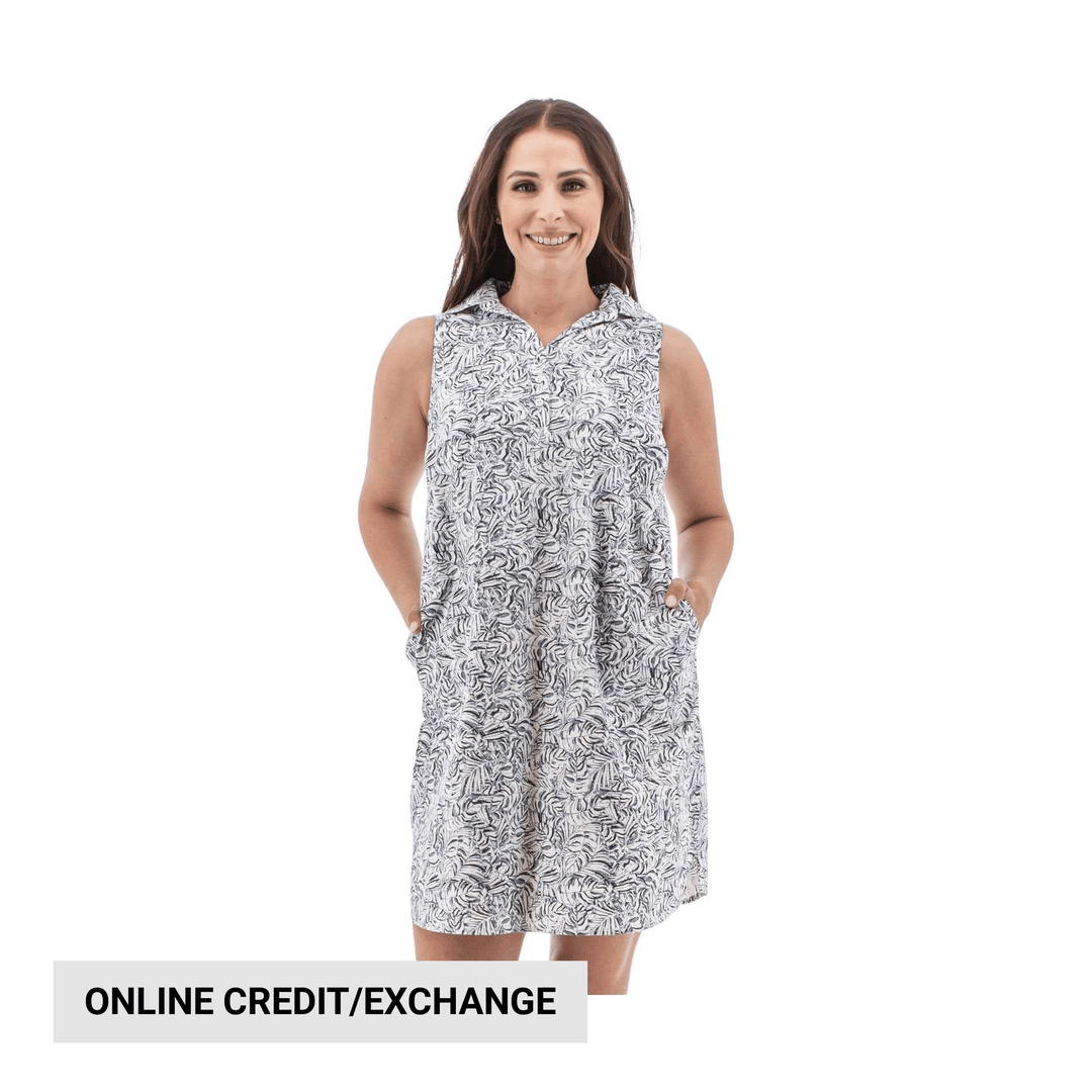 Sleeveless patterned dress with collar and side pockets; banner reads "ONLINE CREDIT/EXCHANGE"