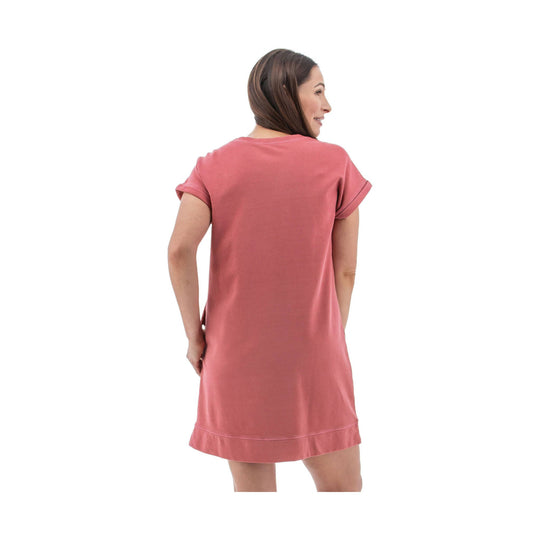 Coral pink short-sleeve sweatshirt dress shown from the back