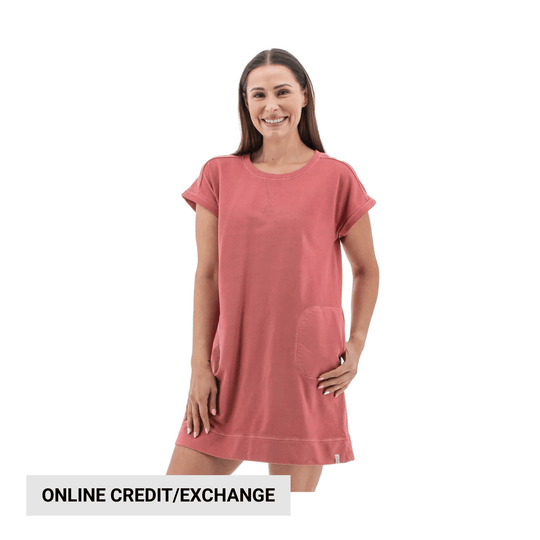 Pink short-sleeve sweatshirt dress with rolled cuffs and a front pocket