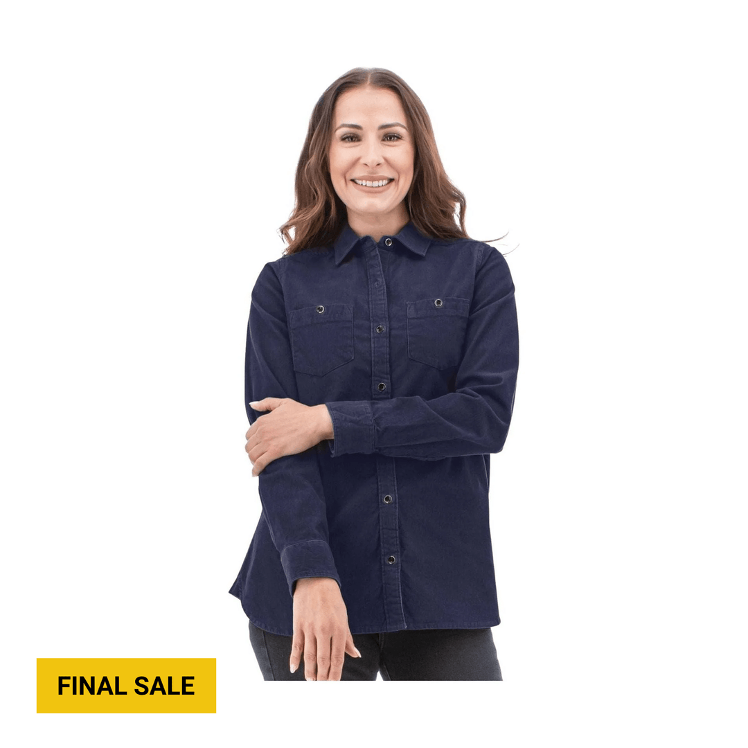 Navy long-sleeve button-up shirt with two chest pockets