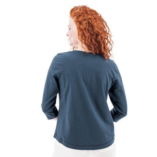 Back view of a dark navy long-sleeve women's top with a curved hem