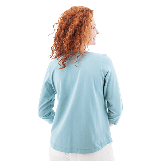 Light blue three-quarter sleeve top shown from the back