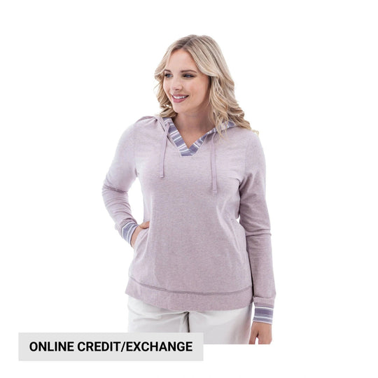 Light lavender hooded pullover sweatshirt with drawstrings and striped neckline and cuffs