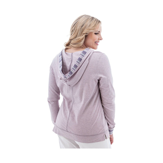 Light lavender women’s hooded pullover with striped hood lining, shown from the back