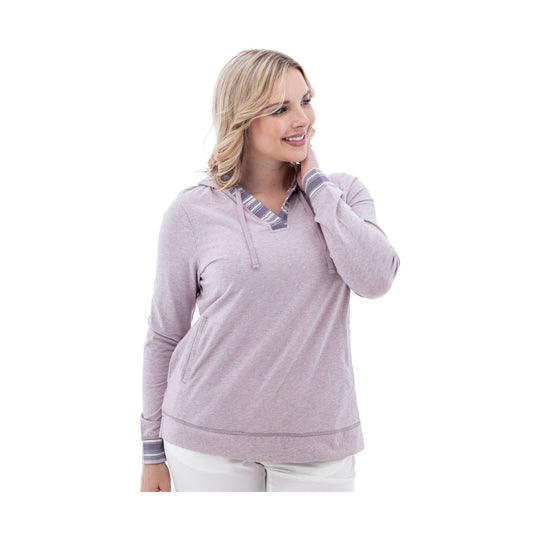 Light lavender long-sleeve hooded pullover with striped V-neck trim and front pocket