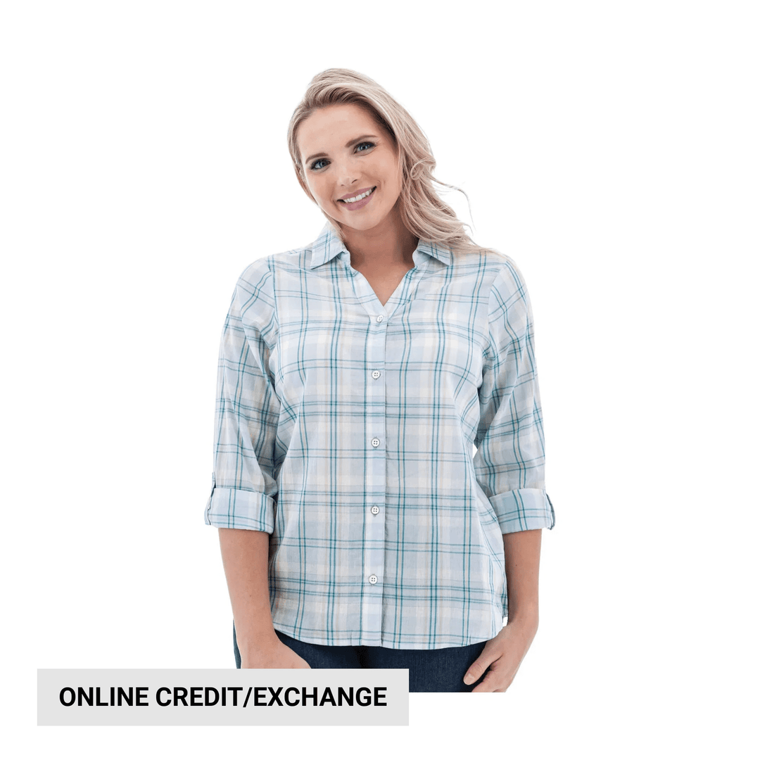 Light blue plaid button-up shirt with rolled sleeves, shown on a model