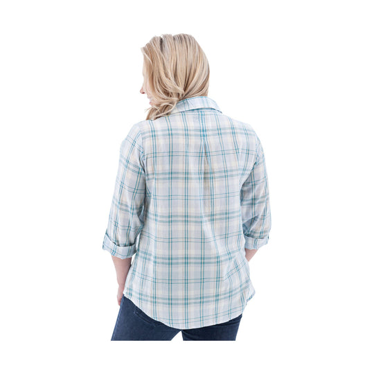 Light blue plaid button-up shirt shown from the back with rolled three-quarter sleeves