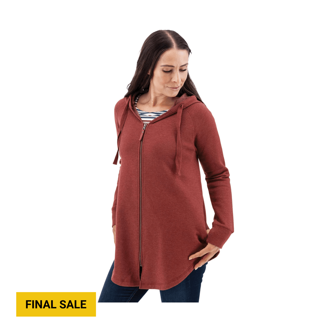 Rust-colored zip-front hooded fleece cardigan with drawstrings and a visible FINAL SALE label