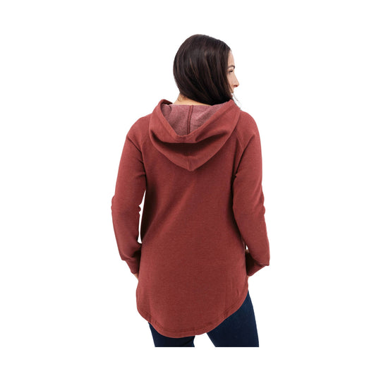 Rust-colored oversized fleece hoodie shown from the back with a hood and curved hem
