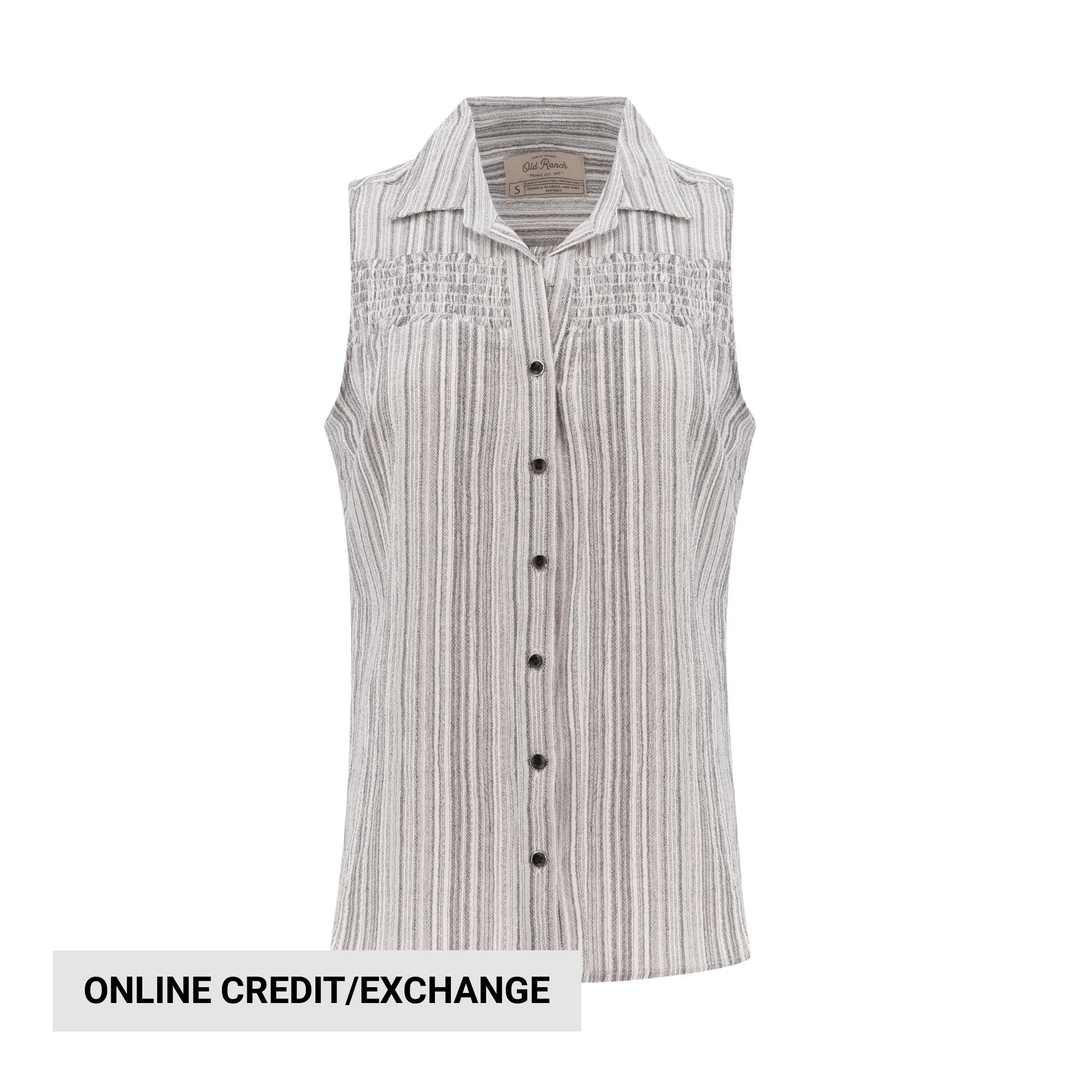 Light gray and white striped sleeveless button-front collared top