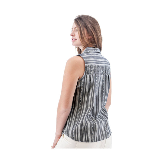 Sleeveless gray patterned blouse with a collared neck and gathered back yoke, shown from the back
