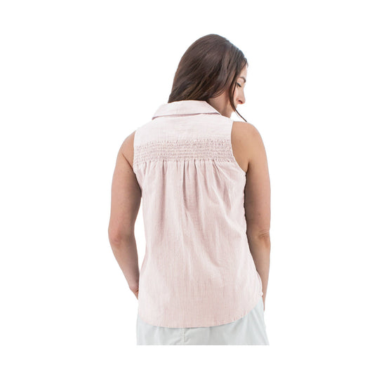 Sleeveless pale pink shirred-back blouse shown from the back