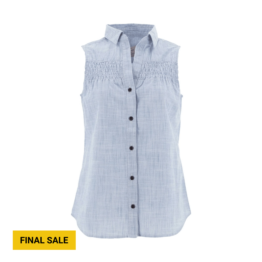 Light blue sleeveless button-up blouse with smocked chest and a pointed collar