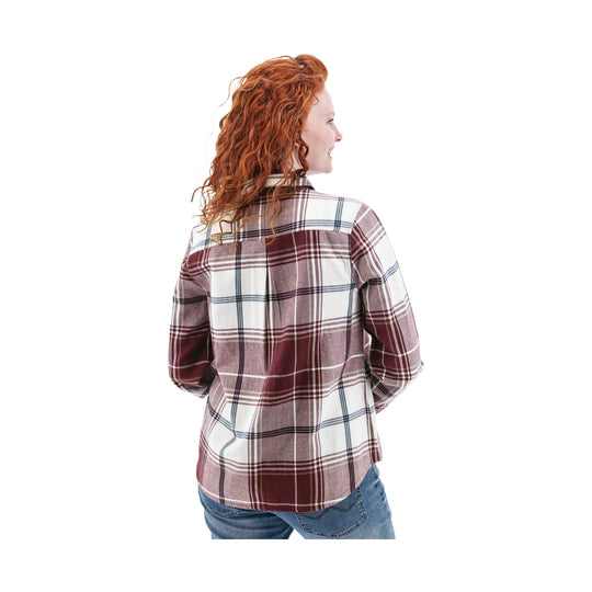 Woman wearing a burgundy and white plaid button-up shirt, shown from the back