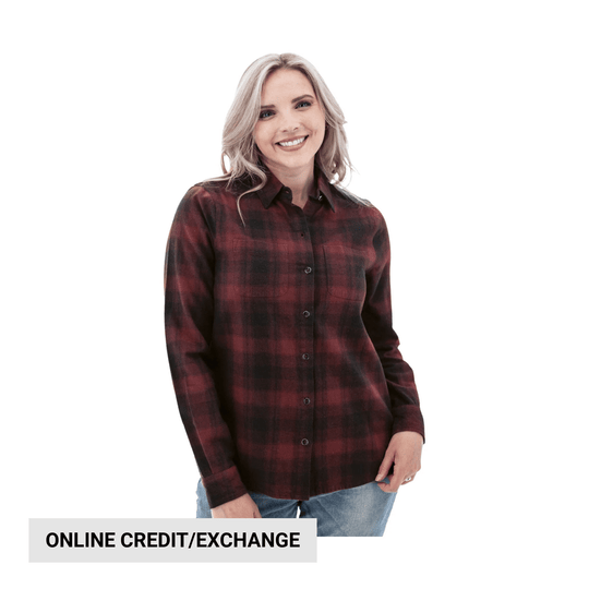 Red and black plaid button-up shirt with a collar, shown on a model against a white background