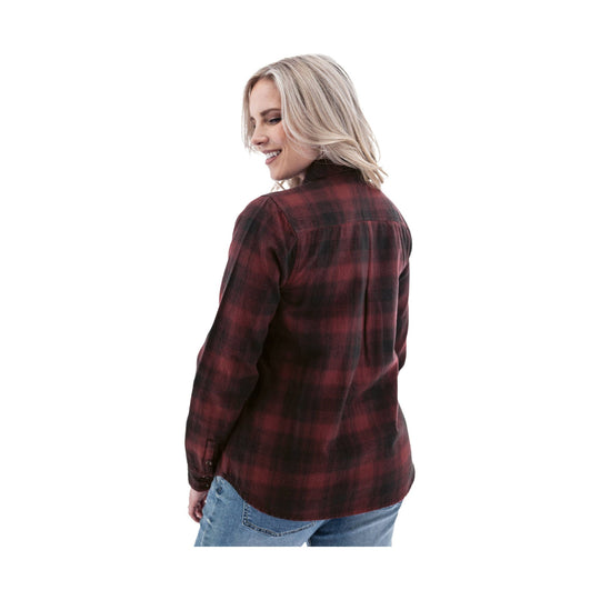 Women's red-and-black plaid button-up shirt shown from the back, worn with jeans