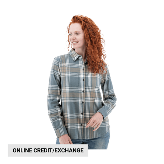 Plaid long-sleeve button-up shirt in blue, gray, and tan with chest pockets