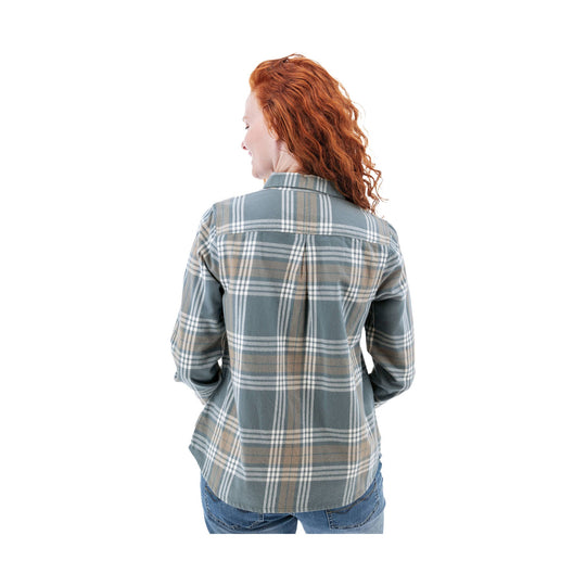 Woman wearing a gray-blue plaid button-up shirt shown from the back