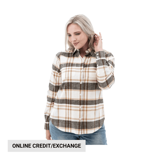 Woman wearing a white, tan, and brown plaid button-up shirt with chest pockets