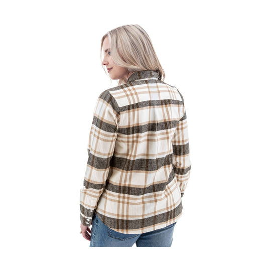 Plaid long-sleeve button-up shirt in cream, tan, and brown, shown from the back