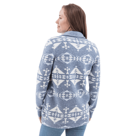 Blue-and-white patterned shawl collar cardigan shown from the back
