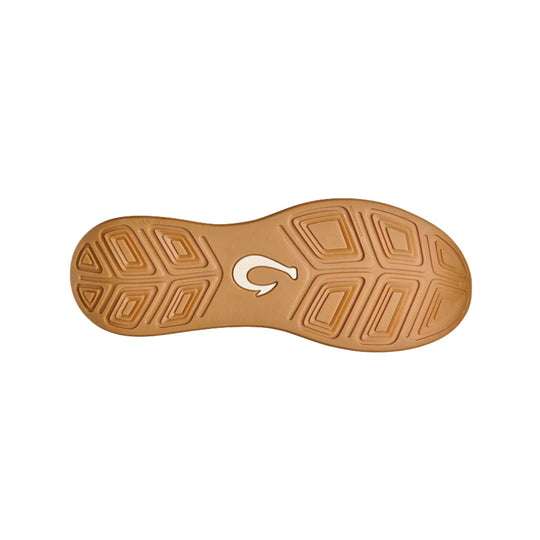 Tan shoe outsole with geometric tread pattern and a centered logo