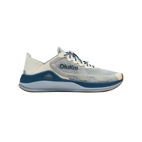 Gray athletic shoe with blue sole, cream overlays, and lace-up design, shown in side profile