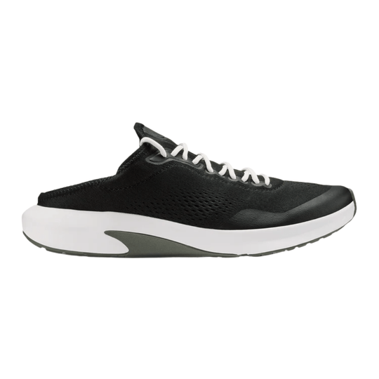 Black low-top athletic sneaker with white laces and a thick white midsole