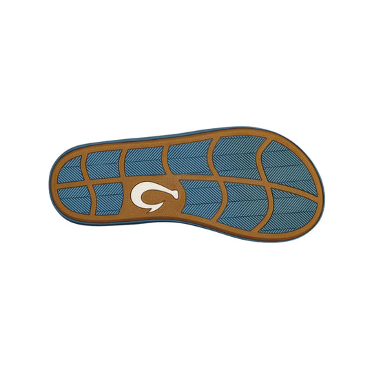 Blue and brown sandal outsole with textured tread and a large center logo.