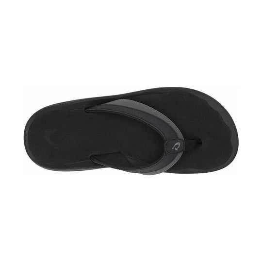 Black flip-flop sandal with a wide gray textured strap and small logo patch
