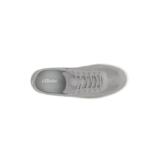 Gray low-top sneaker viewed from above with mesh panels and lace-up closure