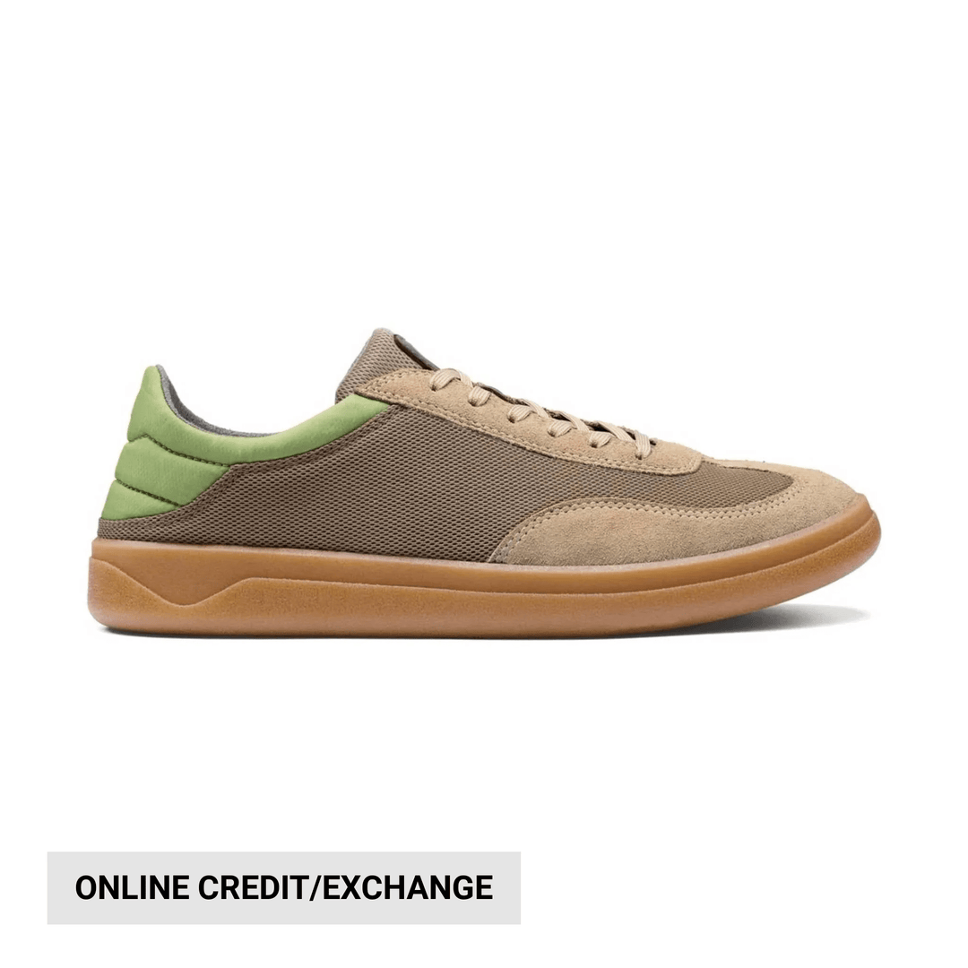 Beige and olive low-top sneaker with mesh panels, suede overlays, and gum sole