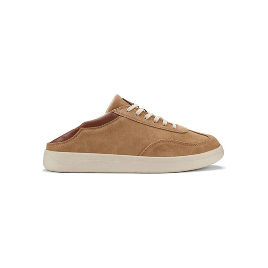 Tan suede low-top sneaker with cream sole, white laces, and brown leather heel accent