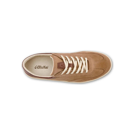 Tan suede low-top sneaker with cream laces and a brown heel tab, shown from above